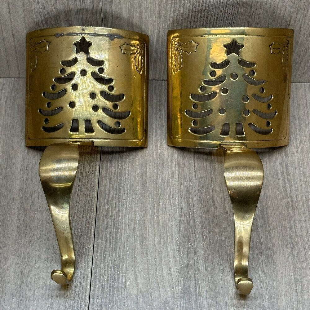 Vintage Pair Metal Brass Tree Christmas Stocking Hanger Hook Holiday Decor Gold